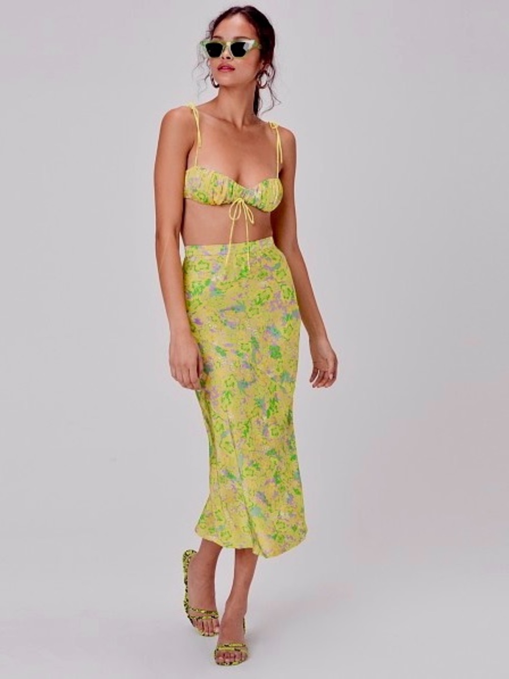 For Love & Lemons Yellow Floral Satin Skirt Set (skirt L, bralette M)
